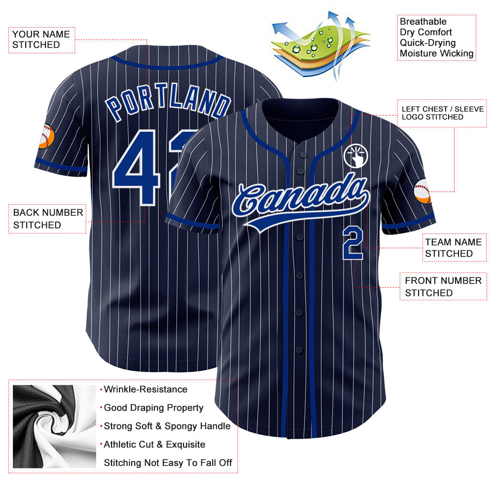 Custom Navy White Pinstripe Royal Authentic Baseball Jersey view 3