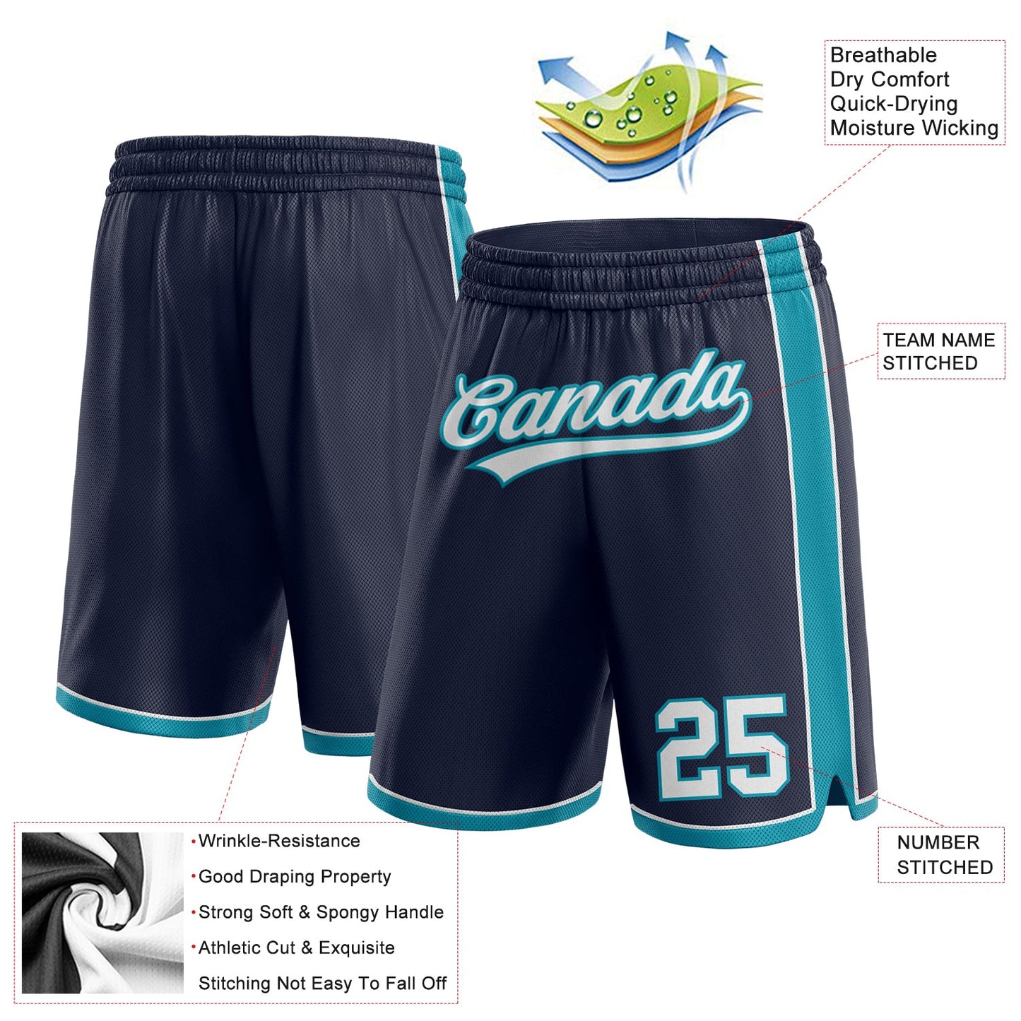 Custom Navy White-Teal Authentic Basketball Shorts view 2