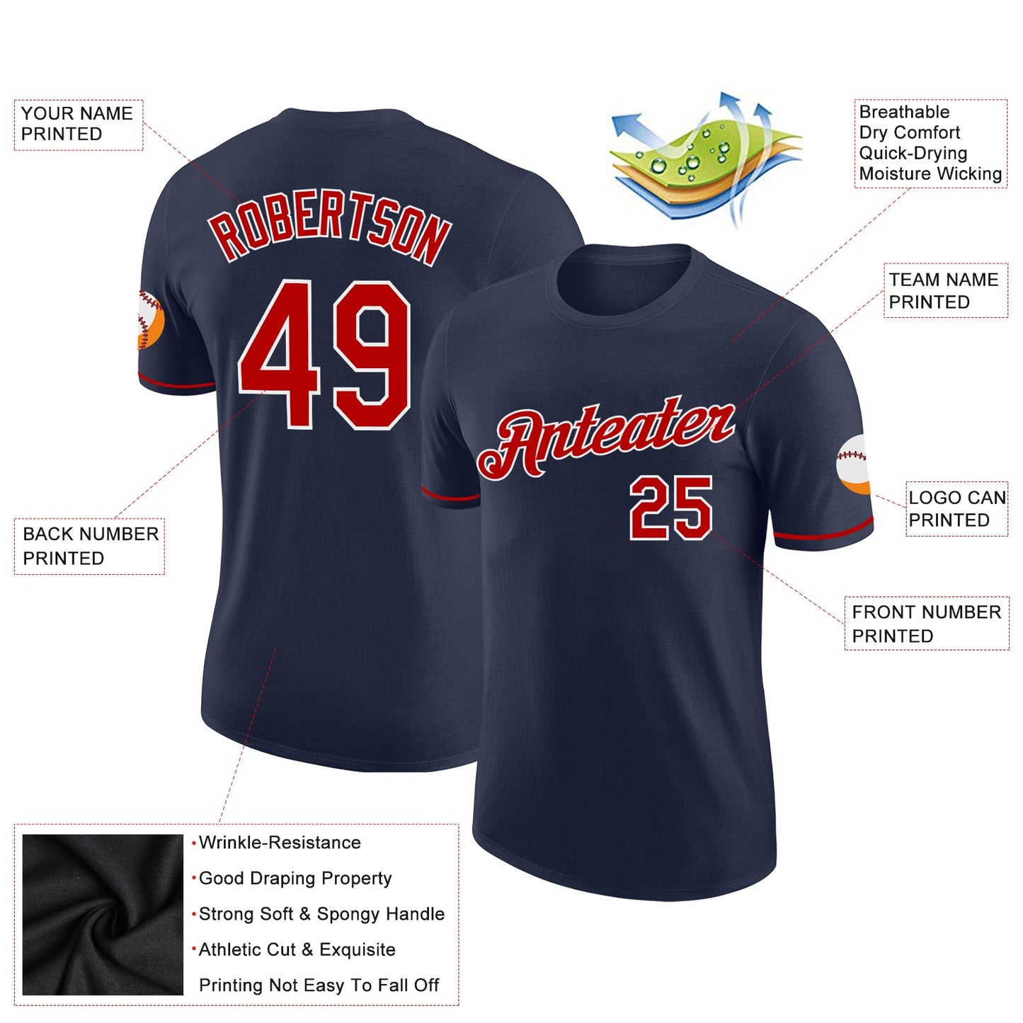 Custom Navy Red-White Performance T-Shirt view 2