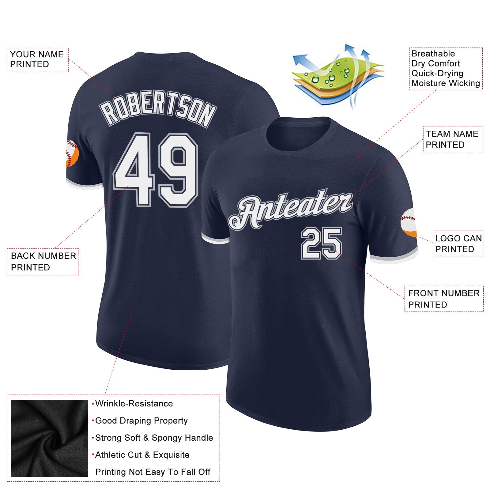 Custom Navy White-Gray Performance T-Shirt view 2
