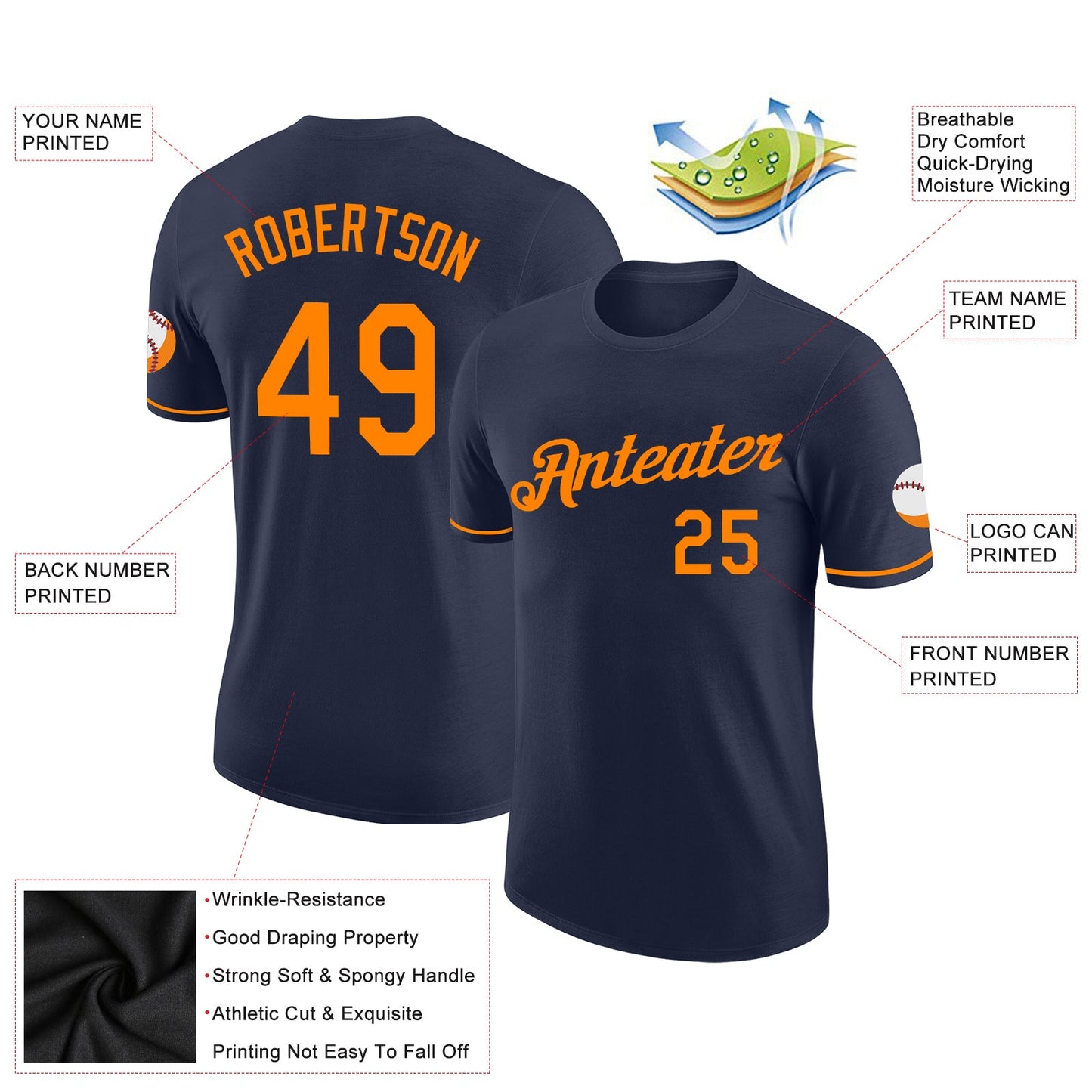 Custom Navy Bay Orange Performance T-Shirt view 2