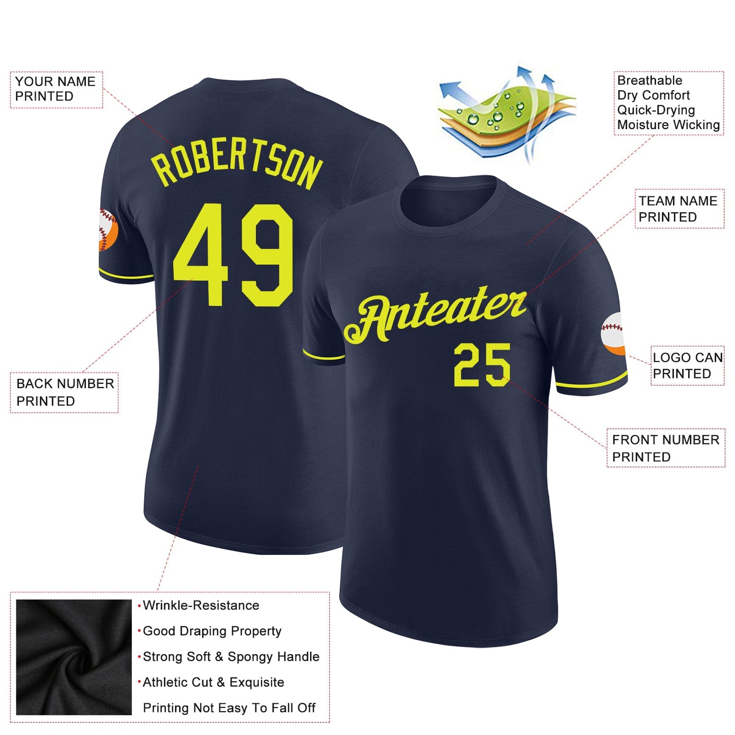 Custom Navy Neon Yellow Performance T-Shirt view 2