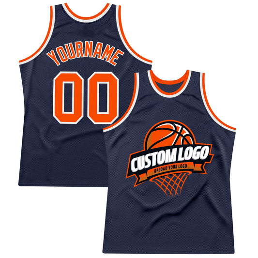 Custom Navy Orange-White Authentic Throwback Basketball Jersey - Main View