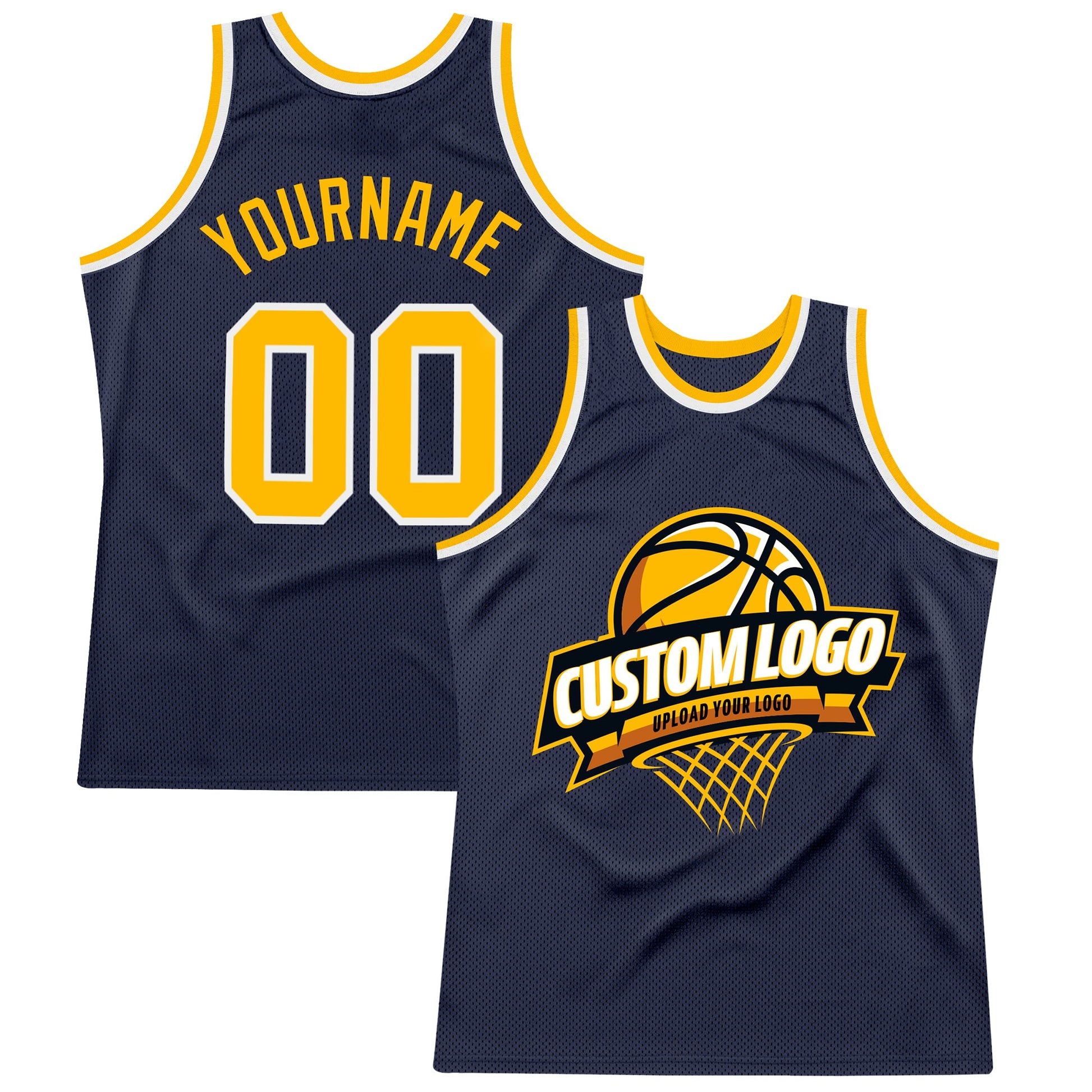 Custom Navy Gold-White Authentic Throwback Basketball Jersey - Main View