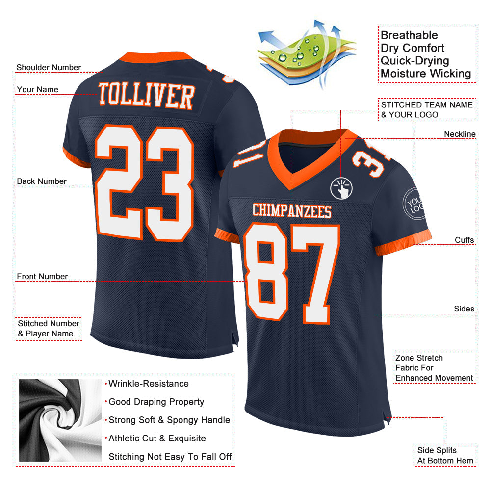 Custom Navy White-Orange Mesh Authentic Football Jersey view 2