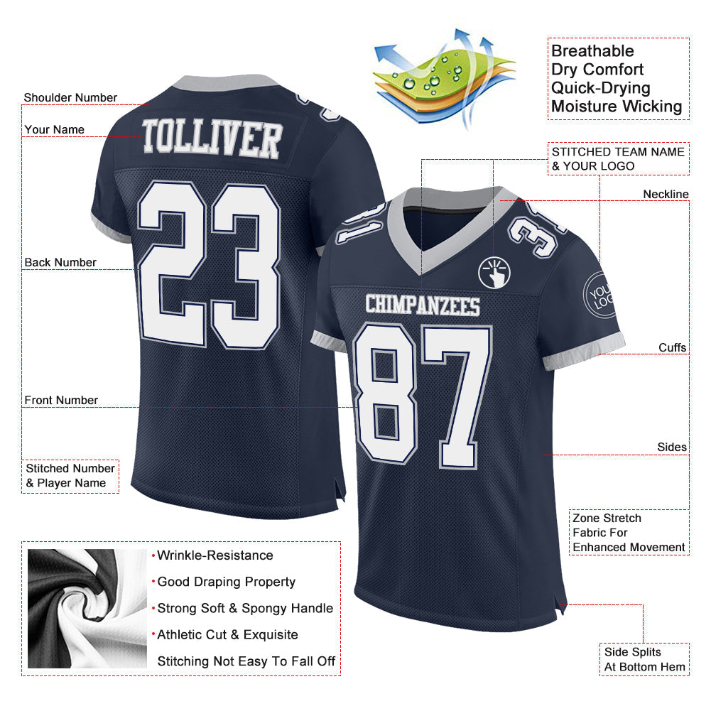 Custom Navy White-Gray Mesh Authentic Football Jersey view 2