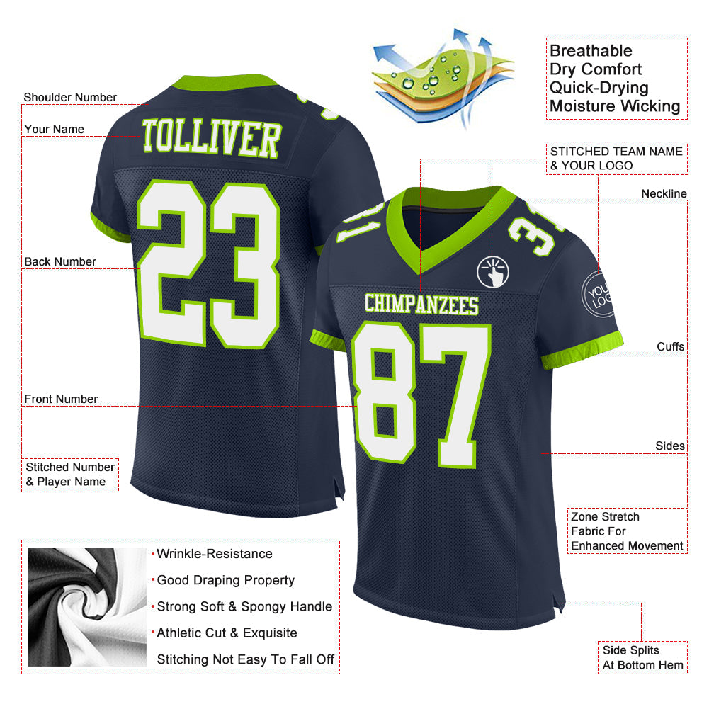 Custom Navy White-Neon Green Mesh Authentic Football Jersey view 2