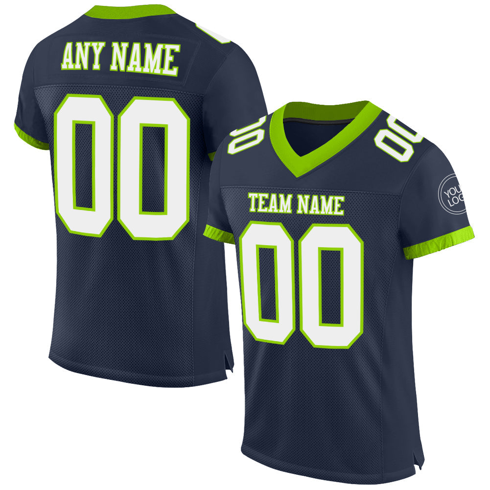 Custom Navy White-Neon Green Mesh Authentic Football Jersey - Main View