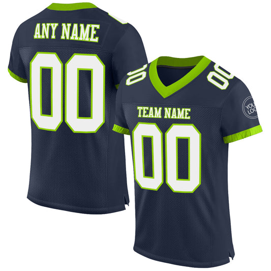 Custom Navy White-Neon Green Mesh Authentic Football Jersey - Main View