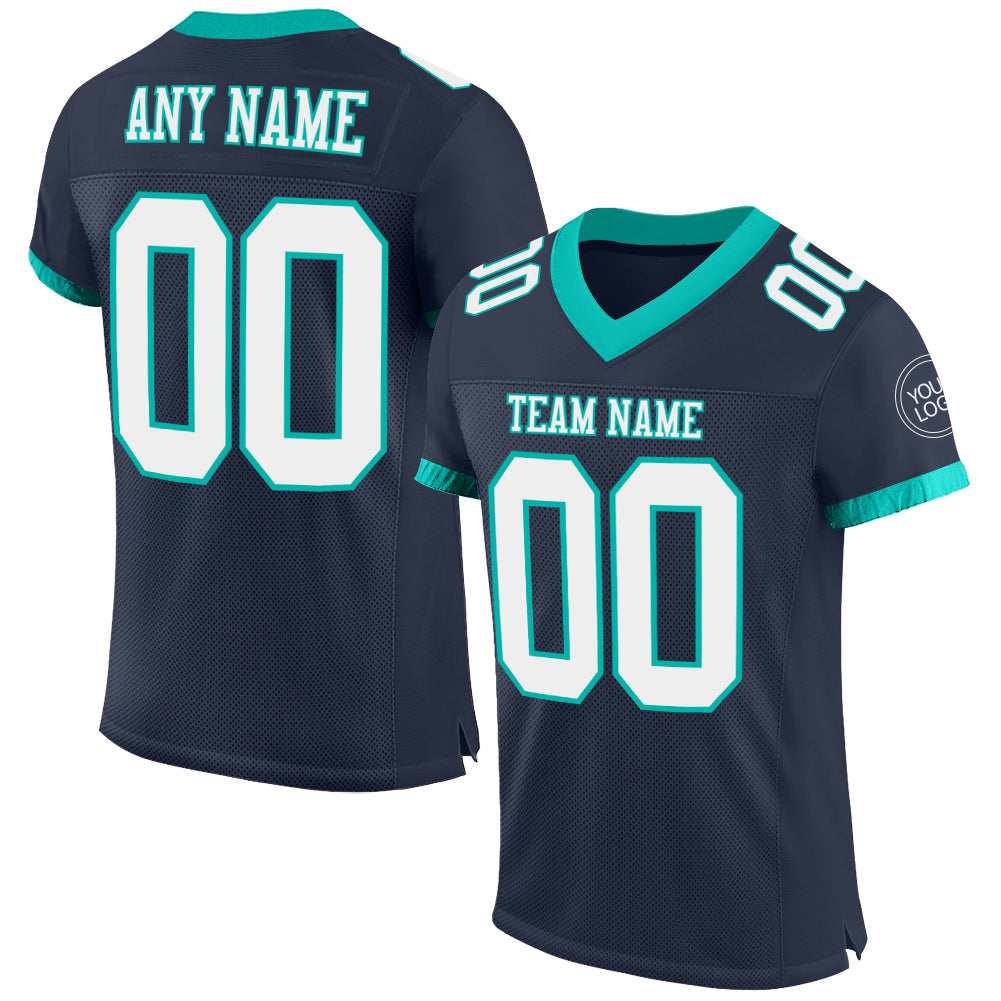 Custom Navy White-Aqua Mesh Authentic Football Jersey - Main View