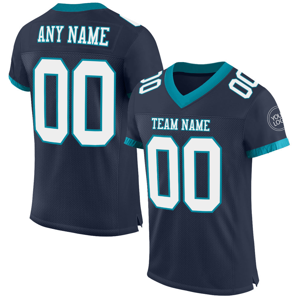 Custom Navy White-Teal Mesh Authentic Football Jersey - Main View