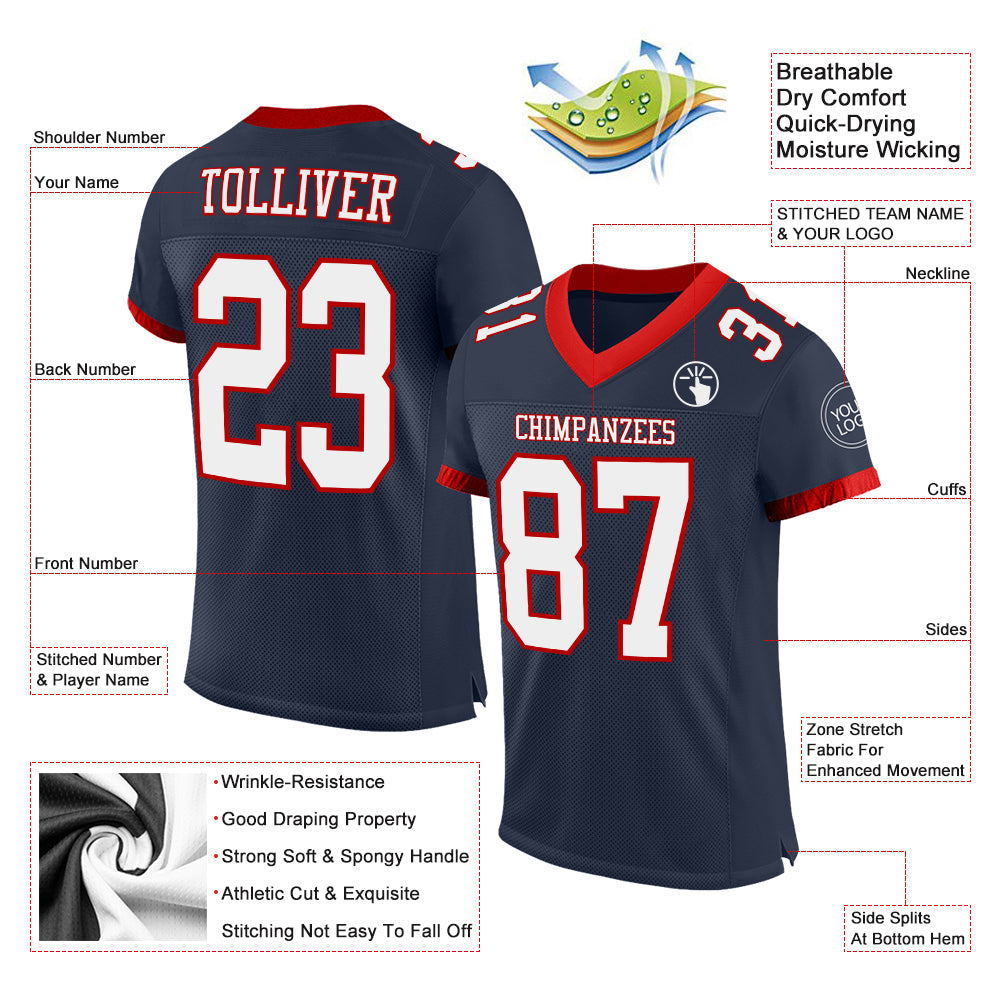 Custom Navy White-Red Mesh Authentic Football Jersey view 2