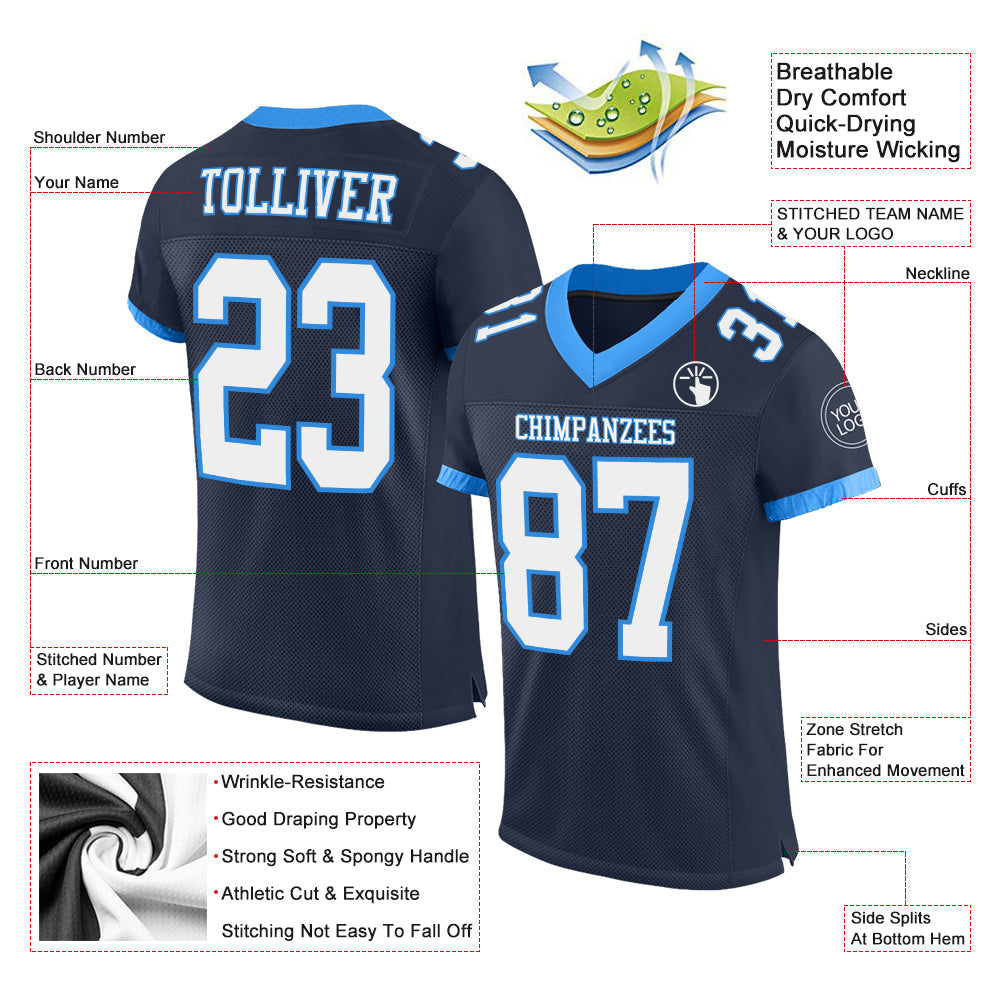 Custom Navy White-Powder Blue Mesh Authentic Football Jersey view 2