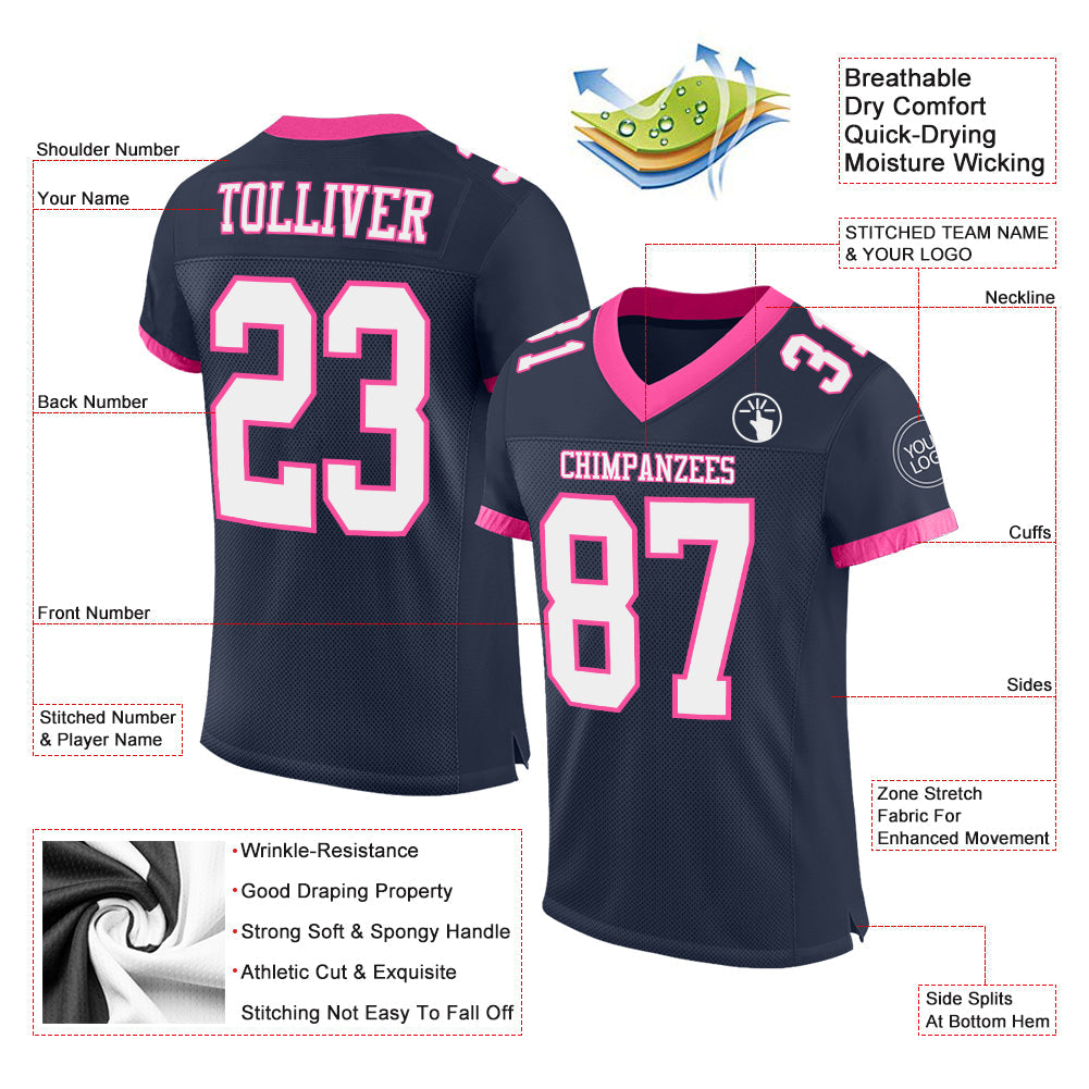 Custom Navy White-Pink Mesh Authentic Football Jersey view 2