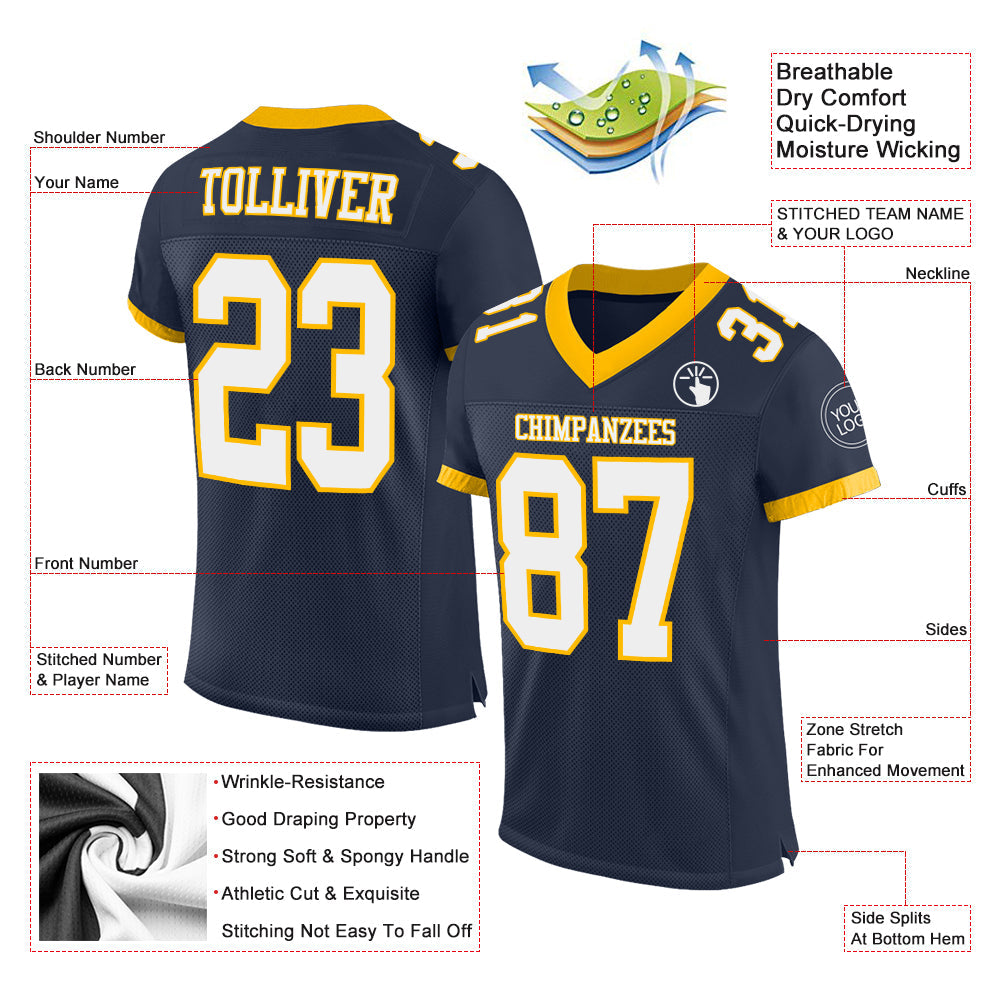 Custom Navy White-Gold Mesh Authentic Football Jersey view 2