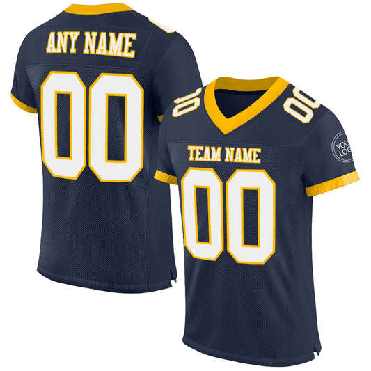 Custom Navy White-Gold Mesh Authentic Football Jersey - Main View