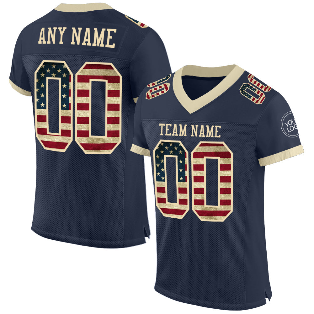 Custom Navy Vintage USA Flag-Cream Mesh Authentic Football Jersey - Main View
