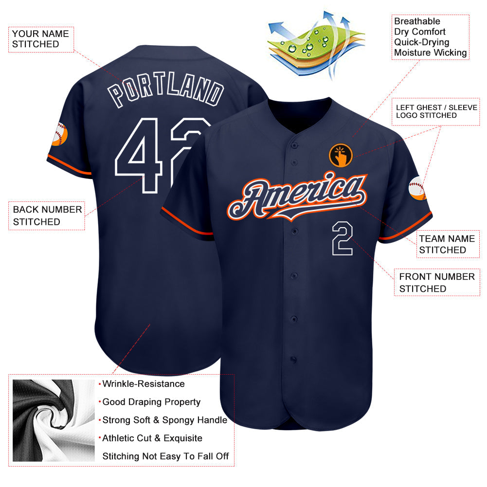 Custom Navy Orange-White Authentic Baseball Jersey view 3