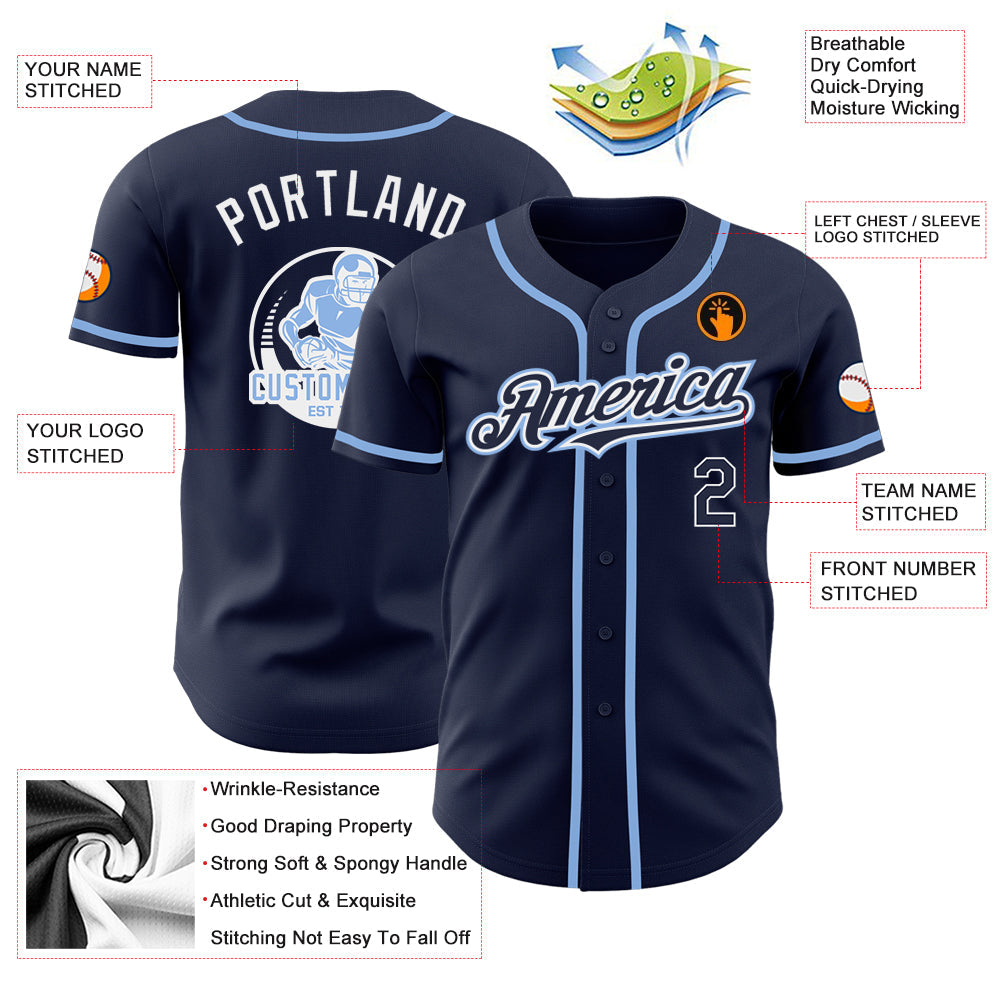 Custom Navy White-Light Blue Authentic Baseball Jersey view 3