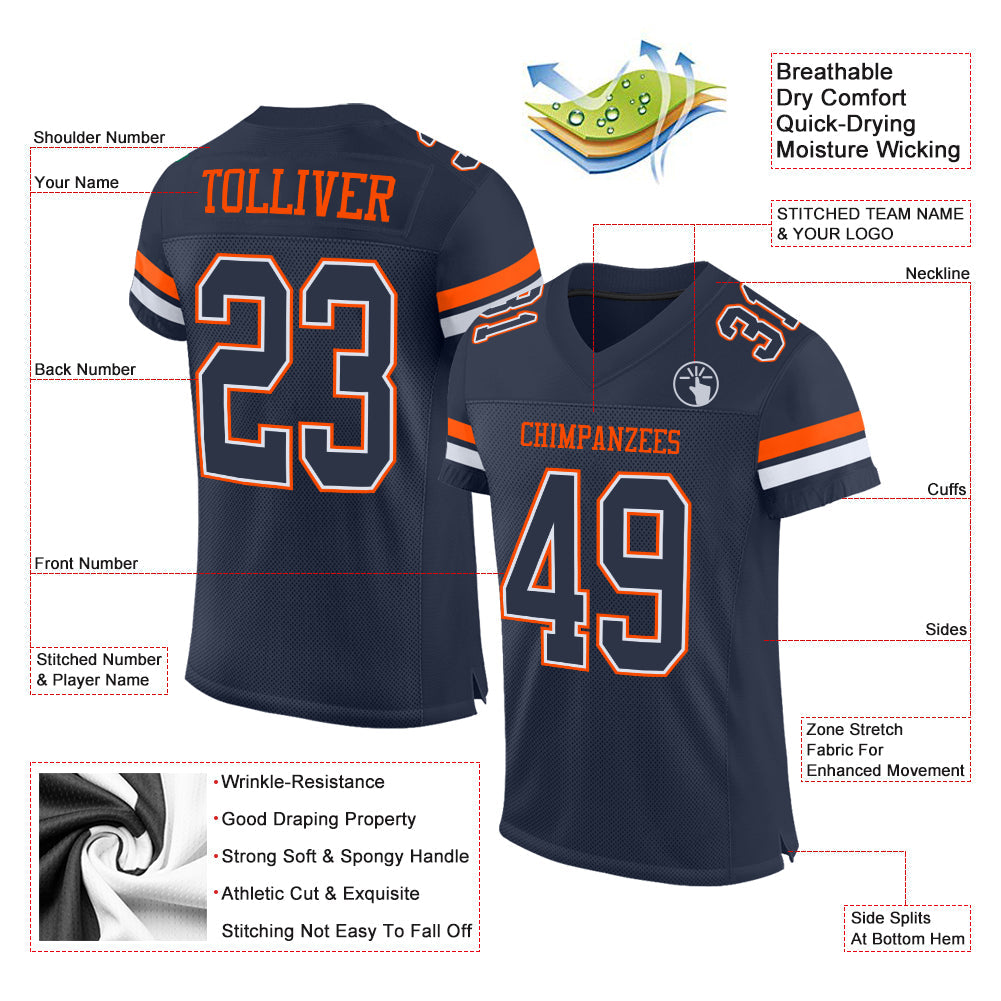 Custom Navy White-Orange Mesh Authentic Football Jersey view 2