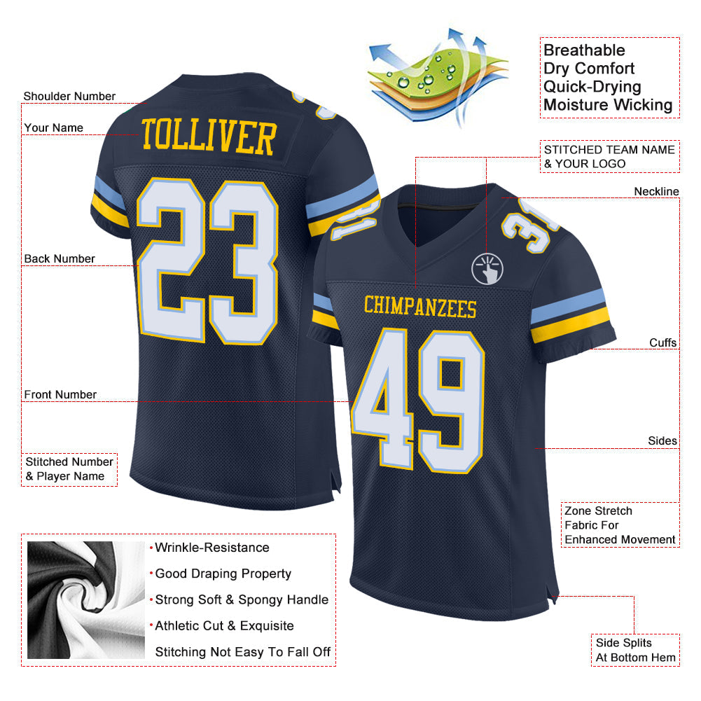 Custom Navy White Light Blue-Yellow Mesh Authentic Football Jersey view 2