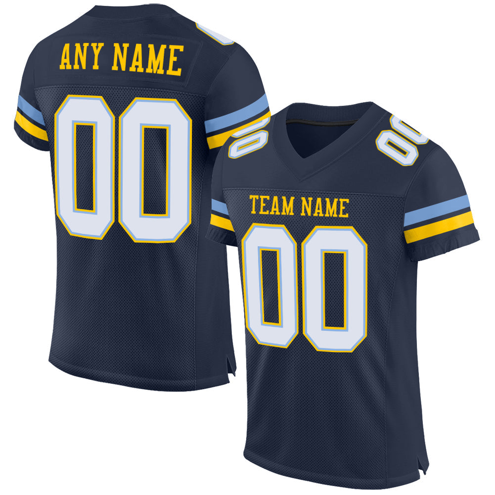 Custom Navy White Light Blue-Yellow Mesh Authentic Football Jersey - Main View
