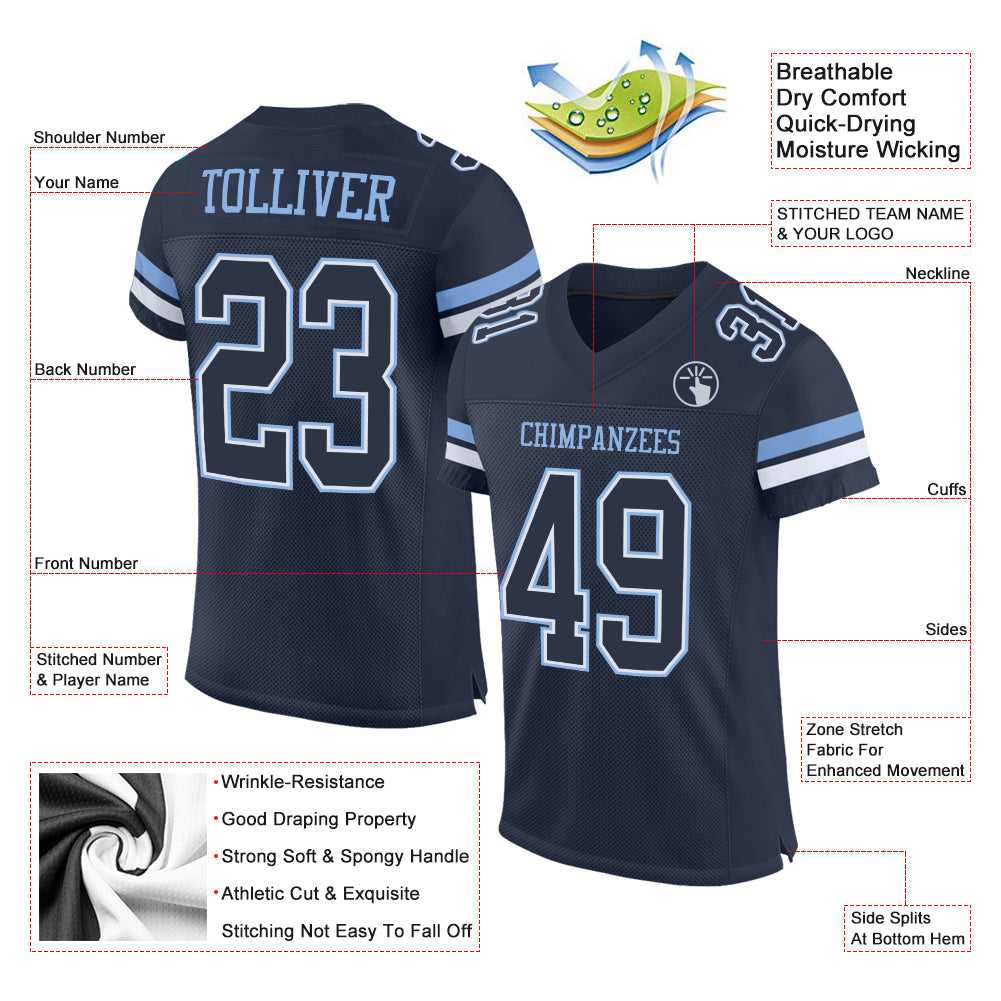 Custom Navy White-Light Blue Mesh Authentic Football Jersey view 2