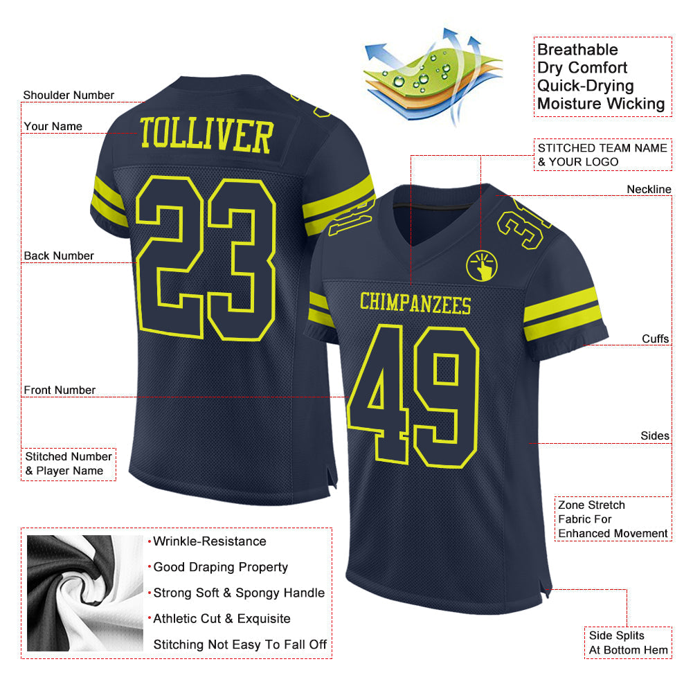 Custom Navy Neon Yellow Mesh Authentic Football Jersey view 2