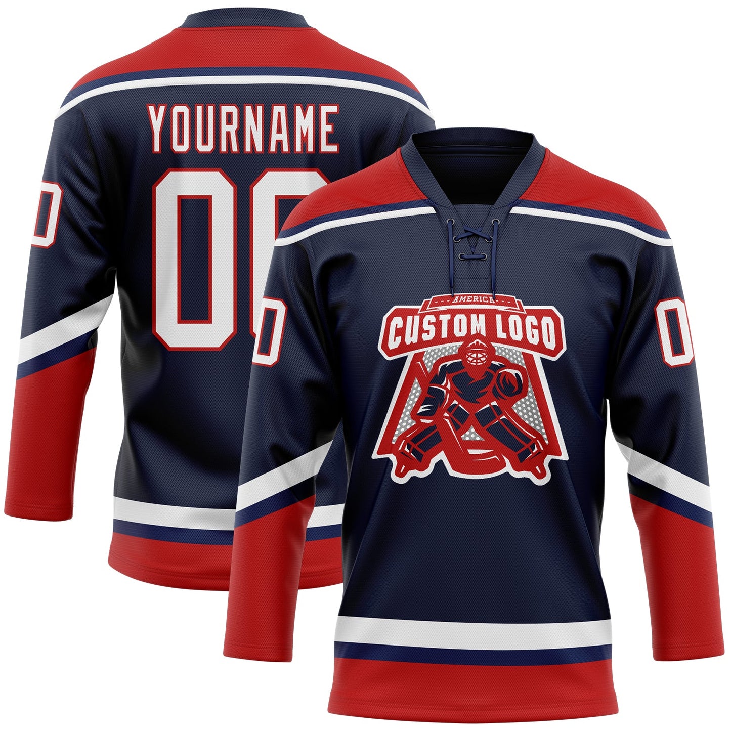 Custom Navy White-Red Hockey Lace Neck Jersey view 2