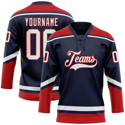 Custom Navy White-Red Hockey Lace Neck Jersey - Main View