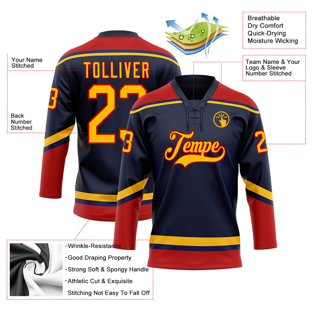 Custom Navy Gold-Red Hockey Lace Neck Jersey view 3