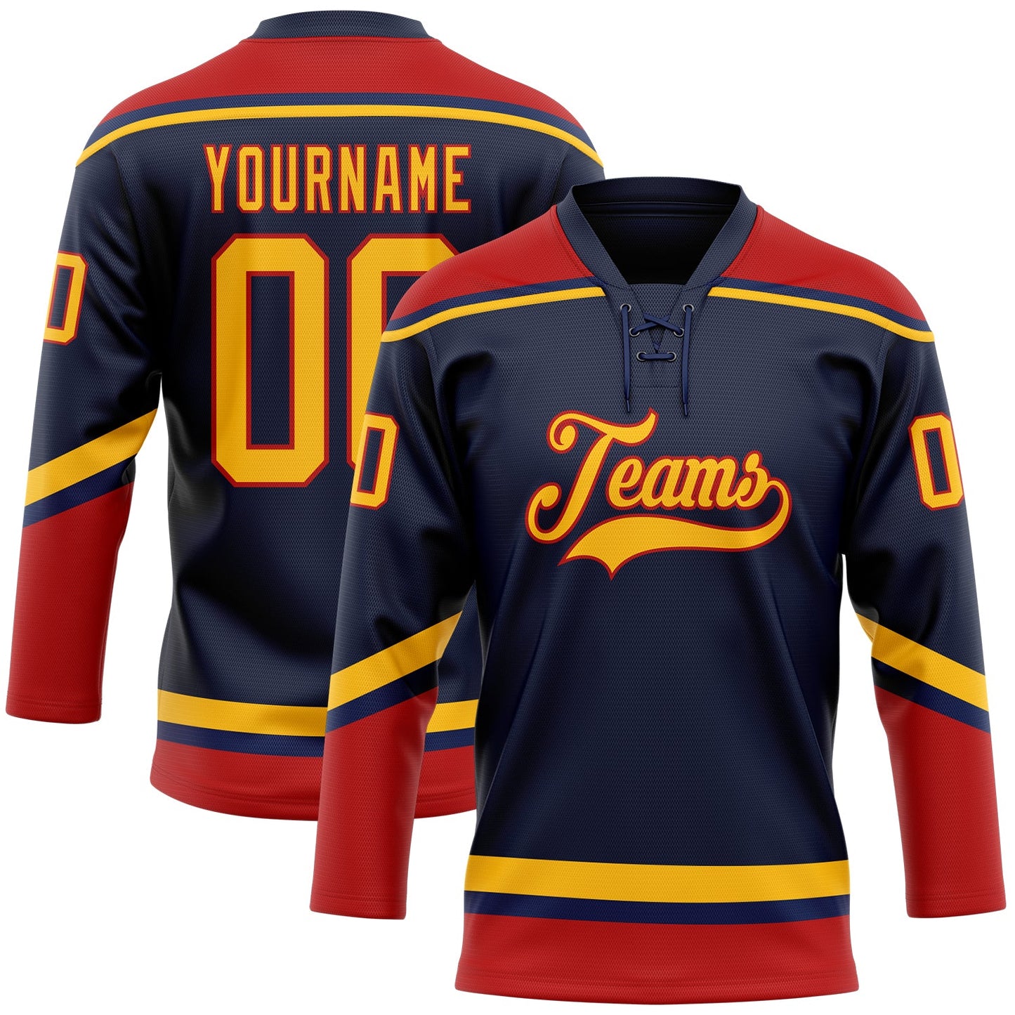 Custom Navy Gold-Red Hockey Lace Neck Jersey - Main View