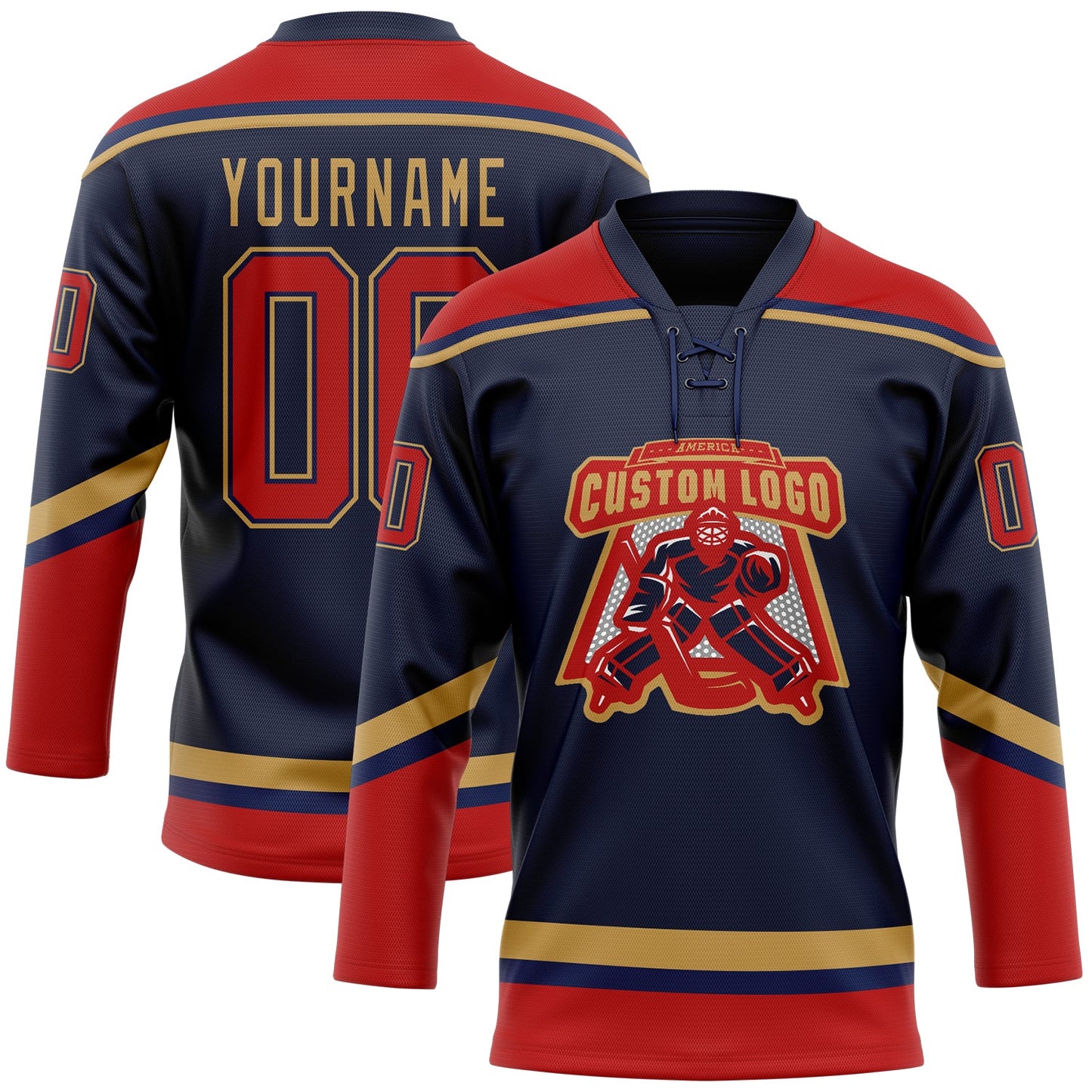 Custom Navy Red-Old Gold Hockey Lace Neck Jersey view 2