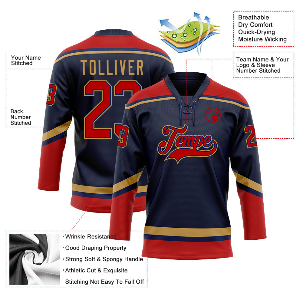 Custom Navy Red-Old Gold Hockey Lace Neck Jersey view 3