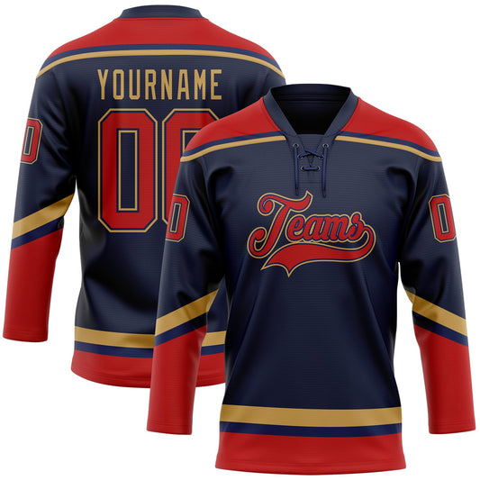 Custom Navy Red-Old Gold Hockey Lace Neck Jersey - Main View