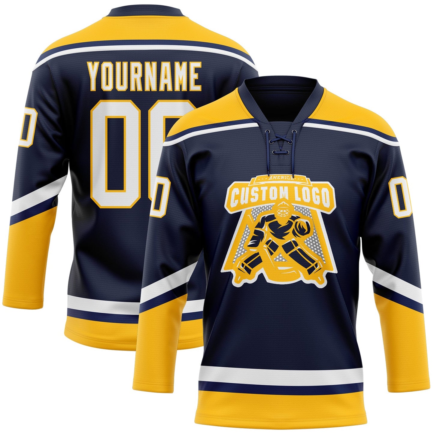Custom Navy White-Gold Hockey Lace Neck Jersey view 2