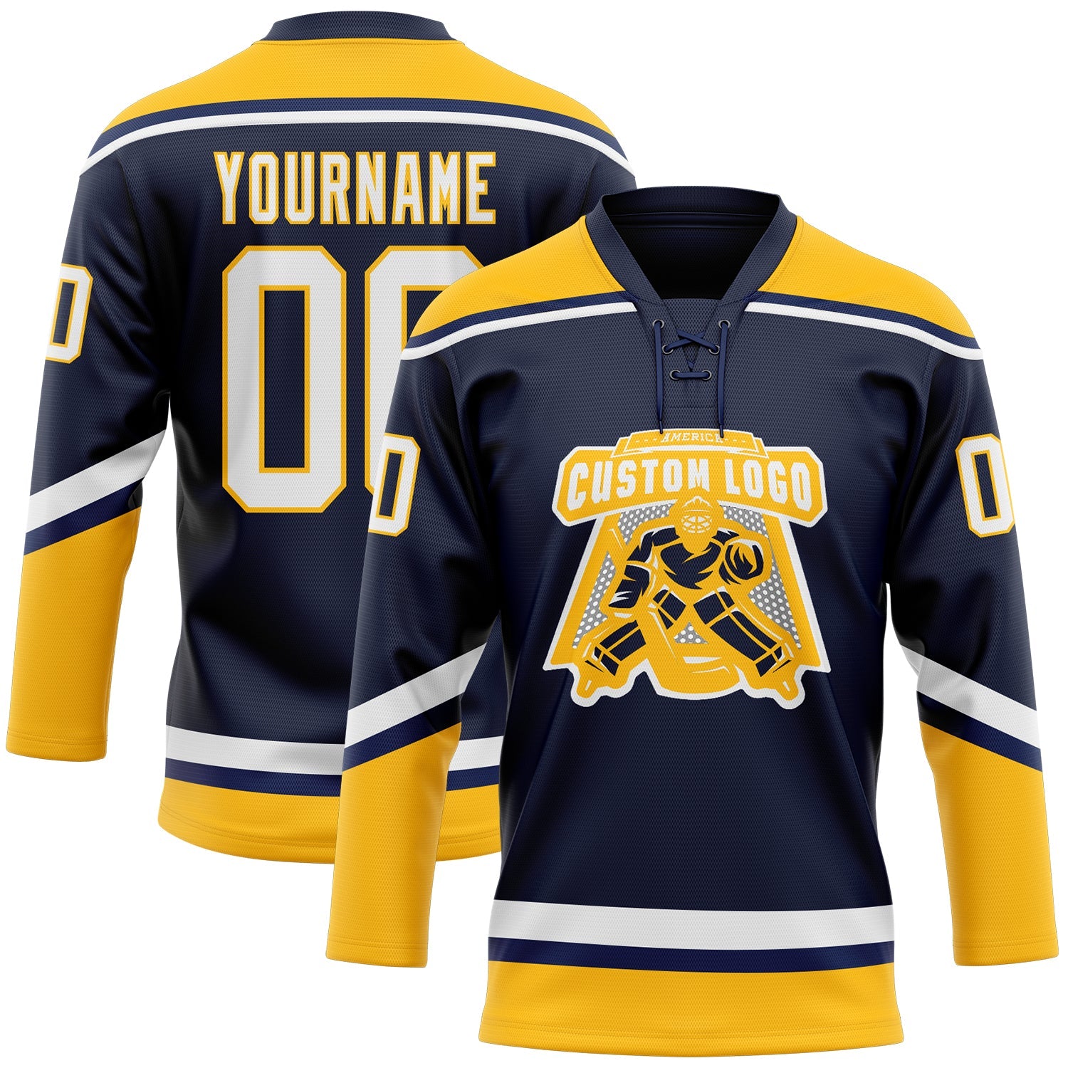 Custom Navy White-Gold Hockey Lace Neck Jersey view 2