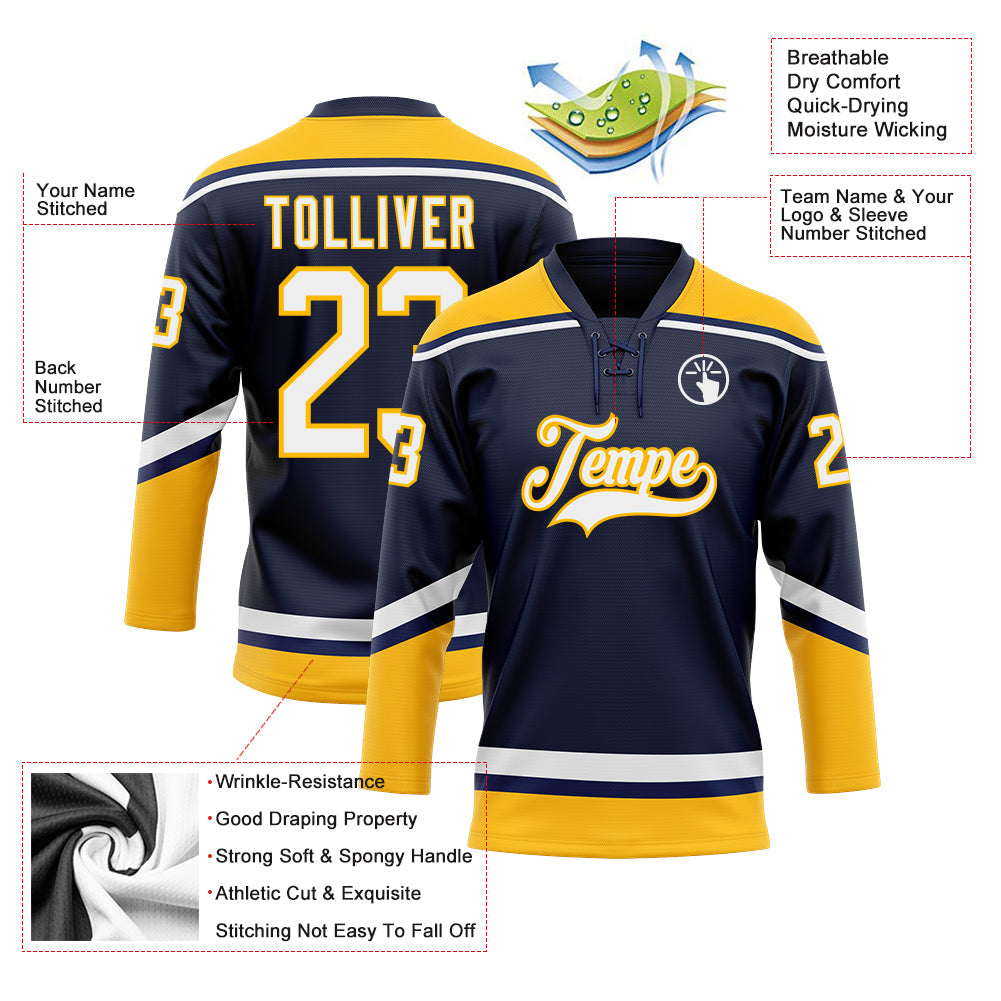 Custom Navy White-Gold Hockey Lace Neck Jersey view 3