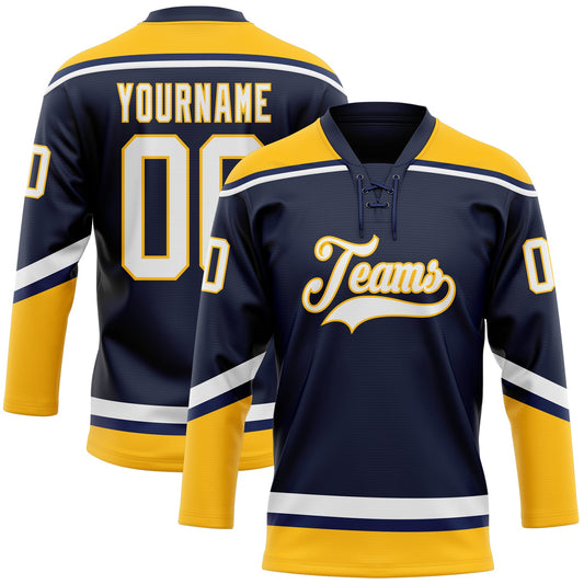 Custom Navy White-Gold Hockey Lace Neck Jersey - Main View