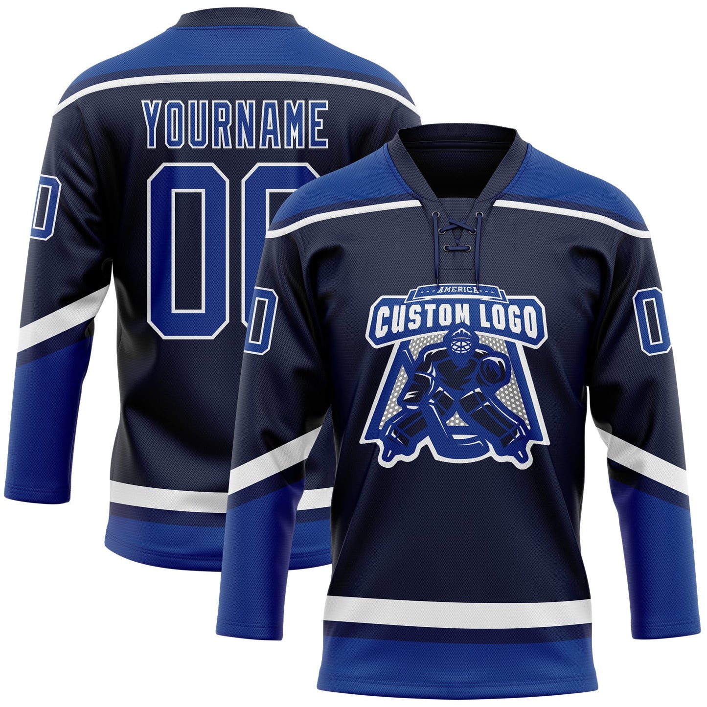 Custom Navy Royal-White Hockey Lace Neck Jersey view 2