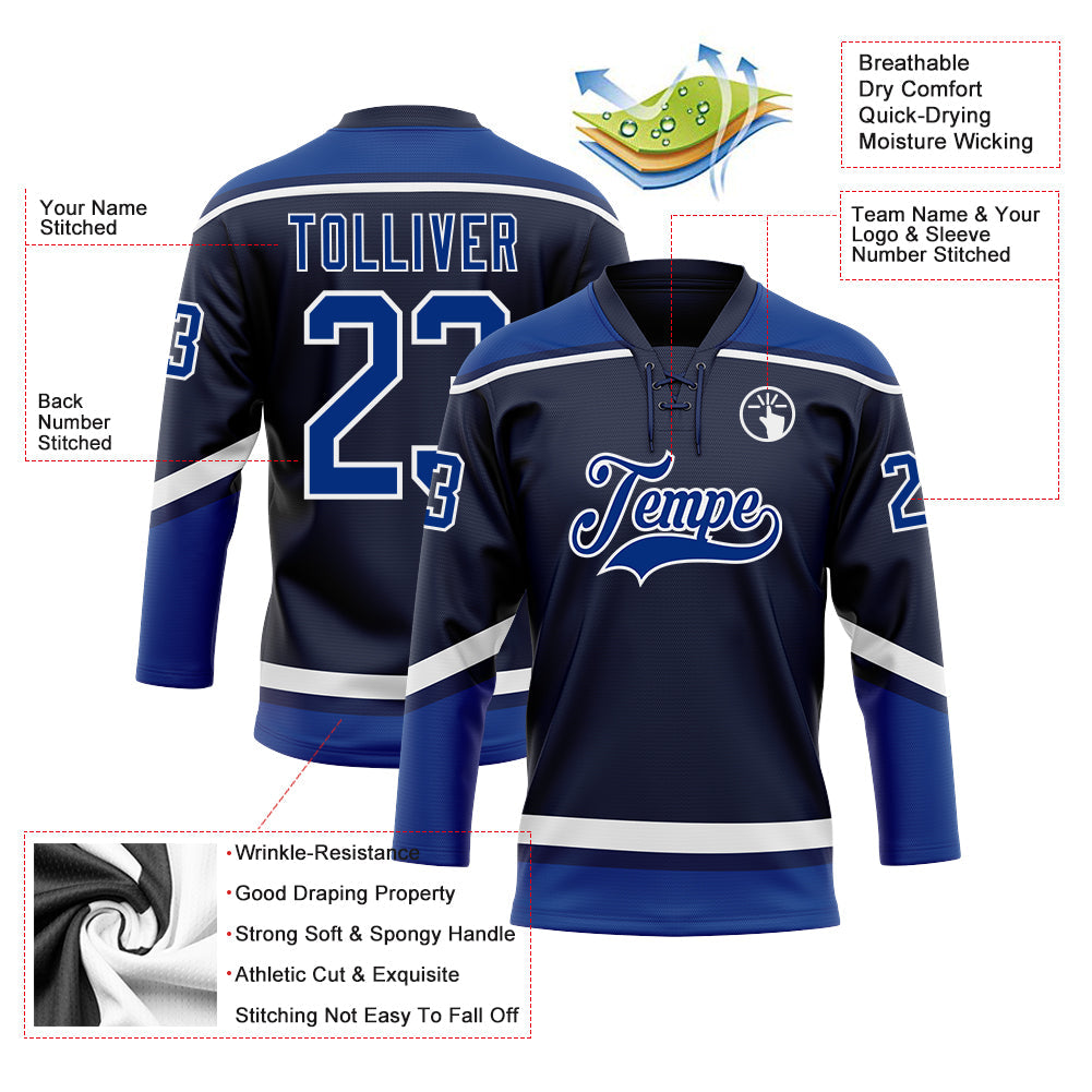 Custom Navy Royal-White Hockey Lace Neck Jersey view 3