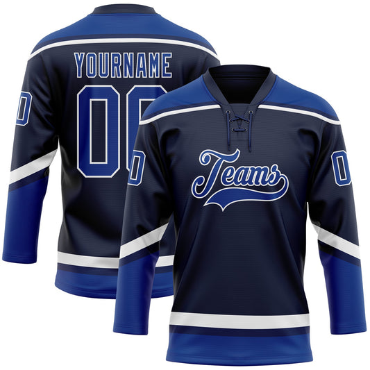 Custom Navy Royal-White Hockey Lace Neck Jersey - Main View