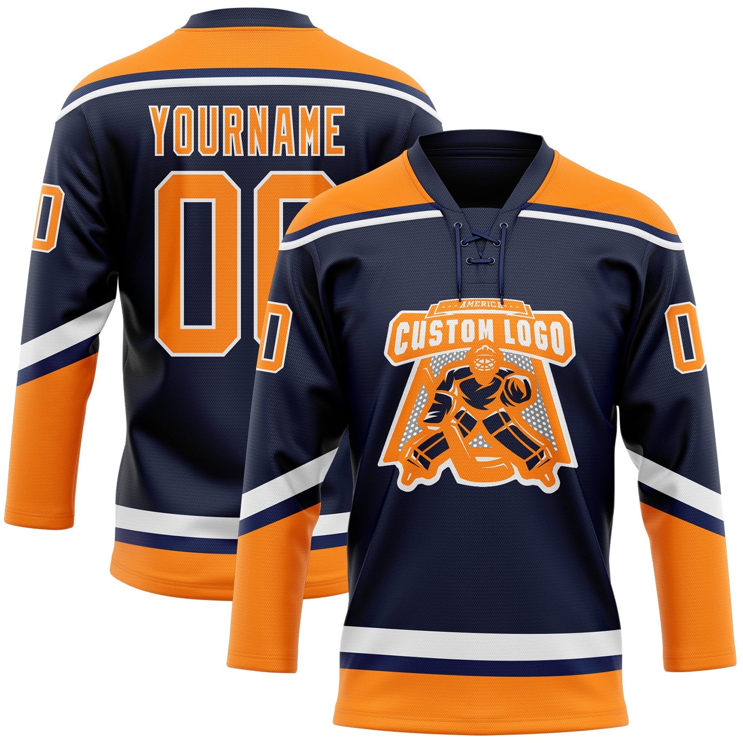 Custom Navy Bay Orange-White Hockey Lace Neck Jersey view 2
