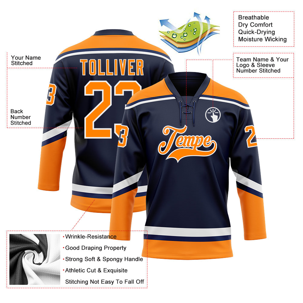 Custom Navy Bay Orange-White Hockey Lace Neck Jersey view 3