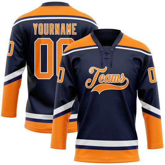 Custom Navy Bay Orange-White Hockey Lace Neck Jersey - Main View