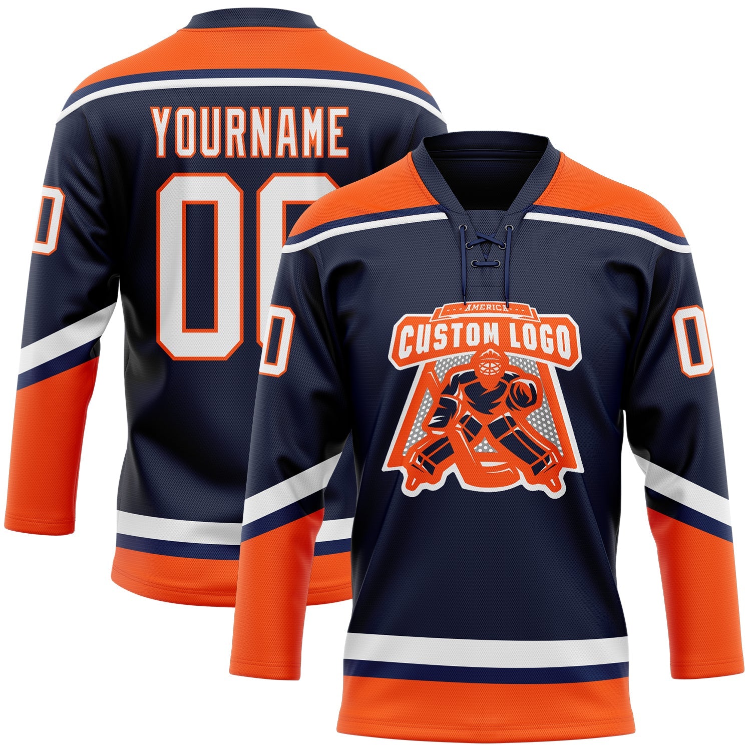 Custom Navy White-Orange Hockey Lace Neck Jersey view 2