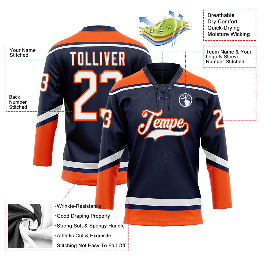 Custom Navy White-Orange Hockey Lace Neck Jersey view 3