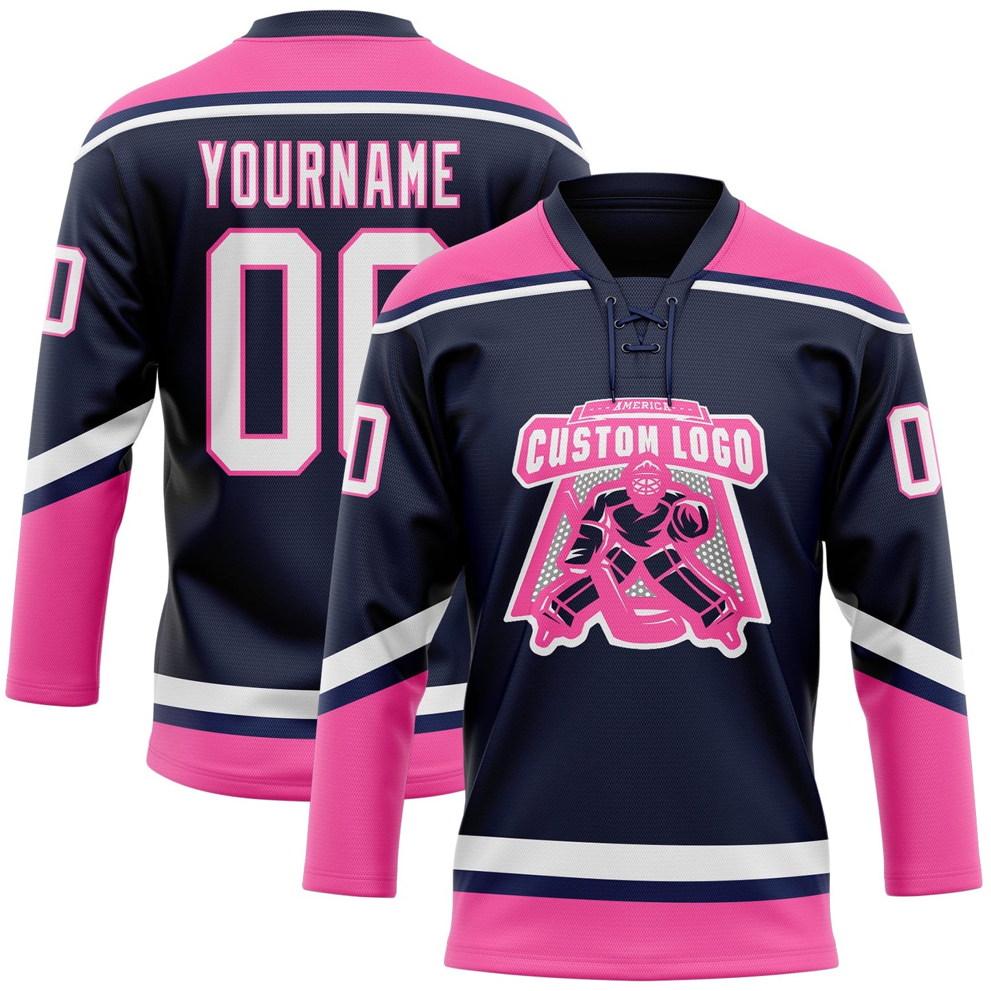 Custom Navy White-Pink Hockey Lace Neck Jersey view 2