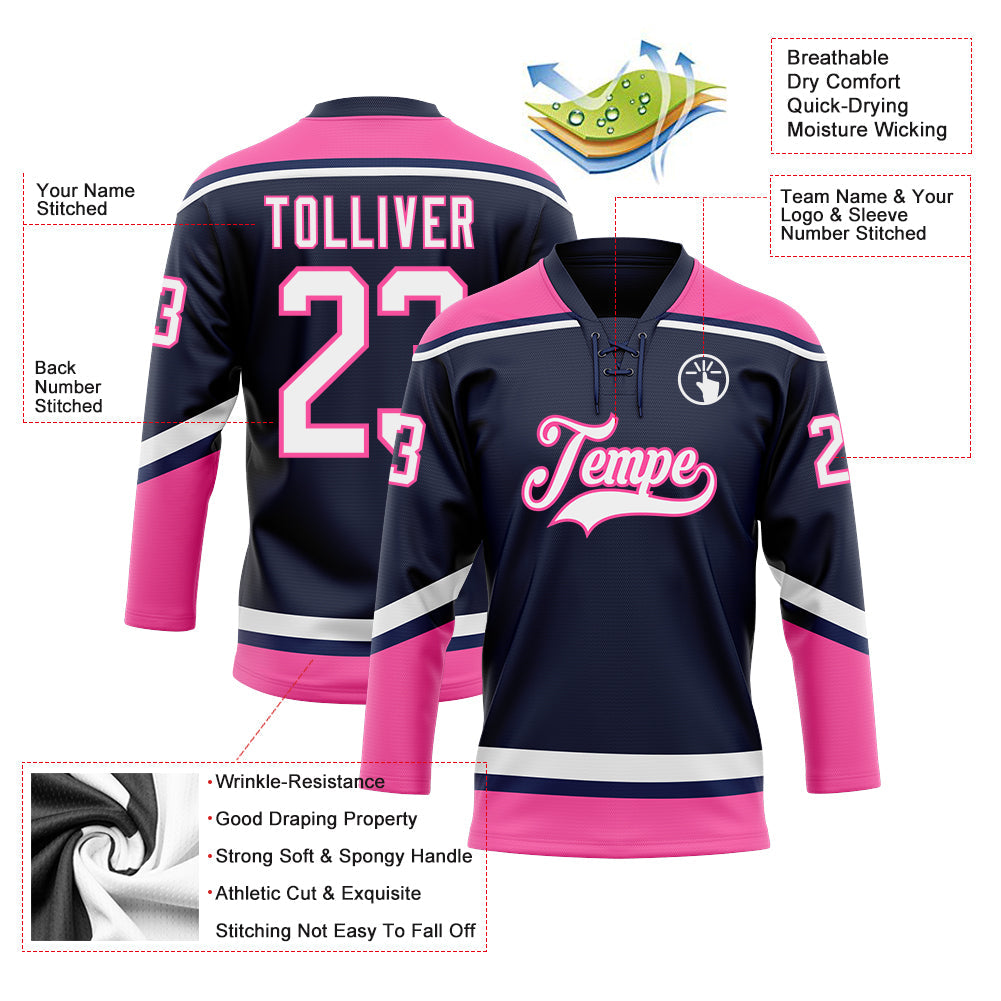 Custom Navy White-Pink Hockey Lace Neck Jersey view 3