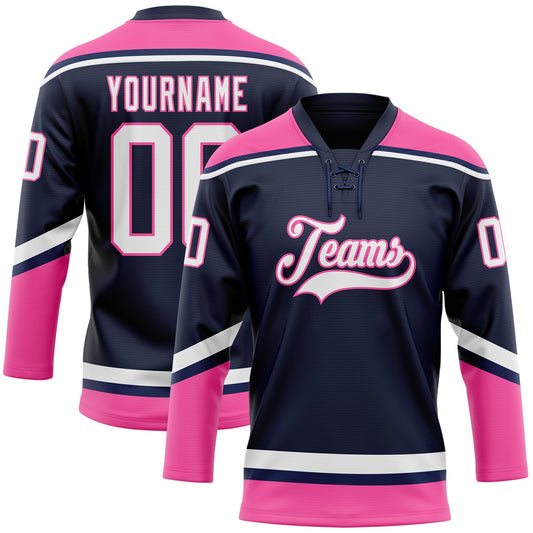 Custom Navy White-Pink Hockey Lace Neck Jersey - Main View